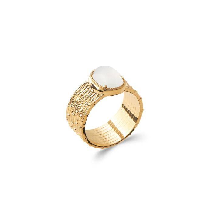 Bague plaqué or pierre de lune striée perlée - 54