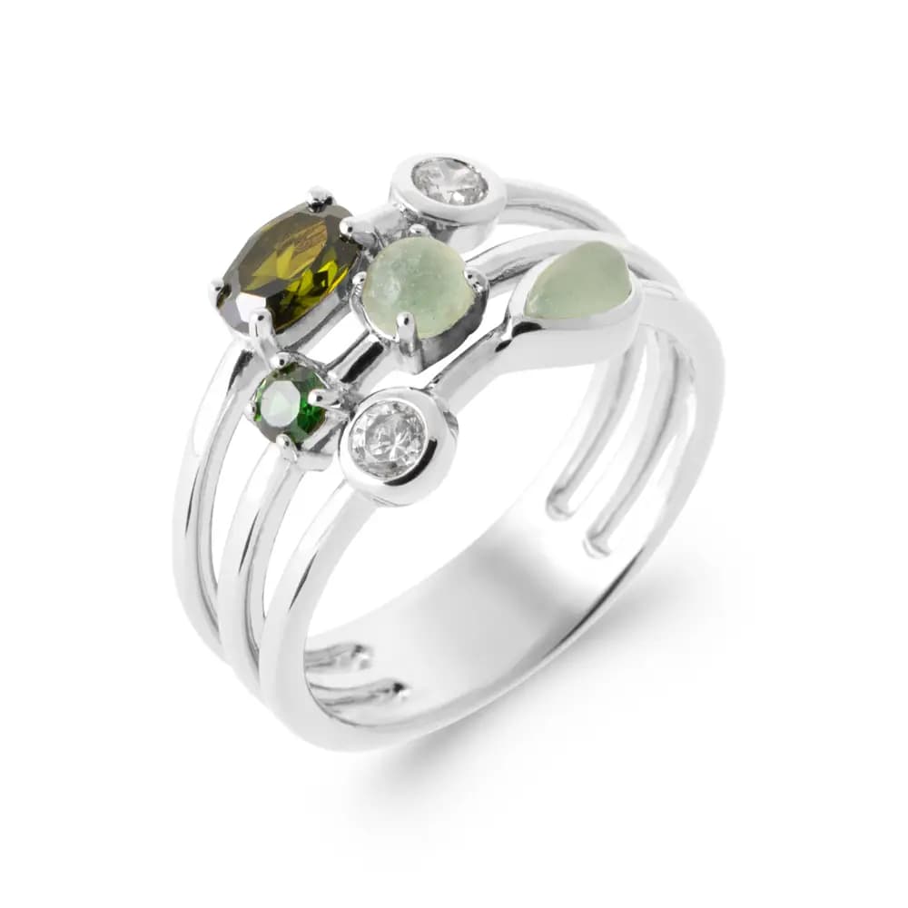 Bague 3 anneaux argent rhodié émeraude et diamants synthétiques - 54
