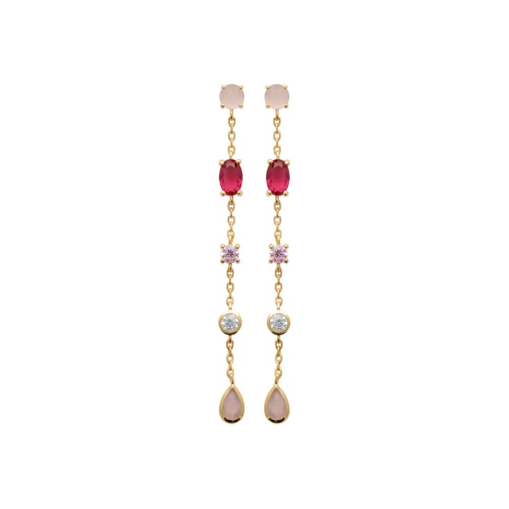 Boucles d'oreilles pendantes plaqué or rubis quartz rose et diamants synthétiques