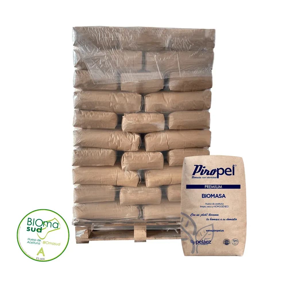 Hueso de aceituna certificado PREMIUM Piropel – Palet 70 sacos de 15 kg (1.050 kg) – Biomasud A1