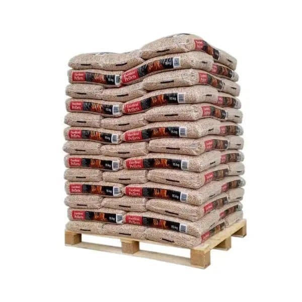 Französische Holzpellets ENplus A1 / DINplus â 975 kg Palette (65Ă15 kg), Heizwert bis 4,9 kWh/kg, Nadelholz