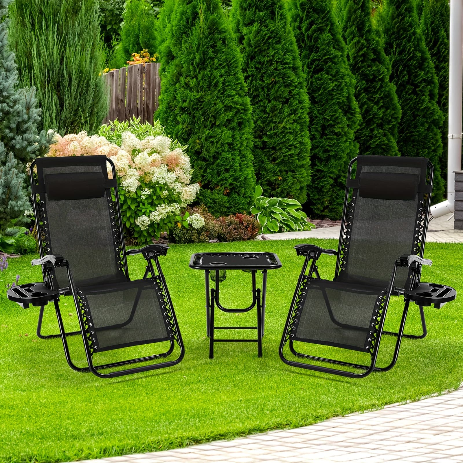 Les 2 chaises de jardin + table idéales : alliez style et fonctionnalité avec porte-gobelet intégré - Noir