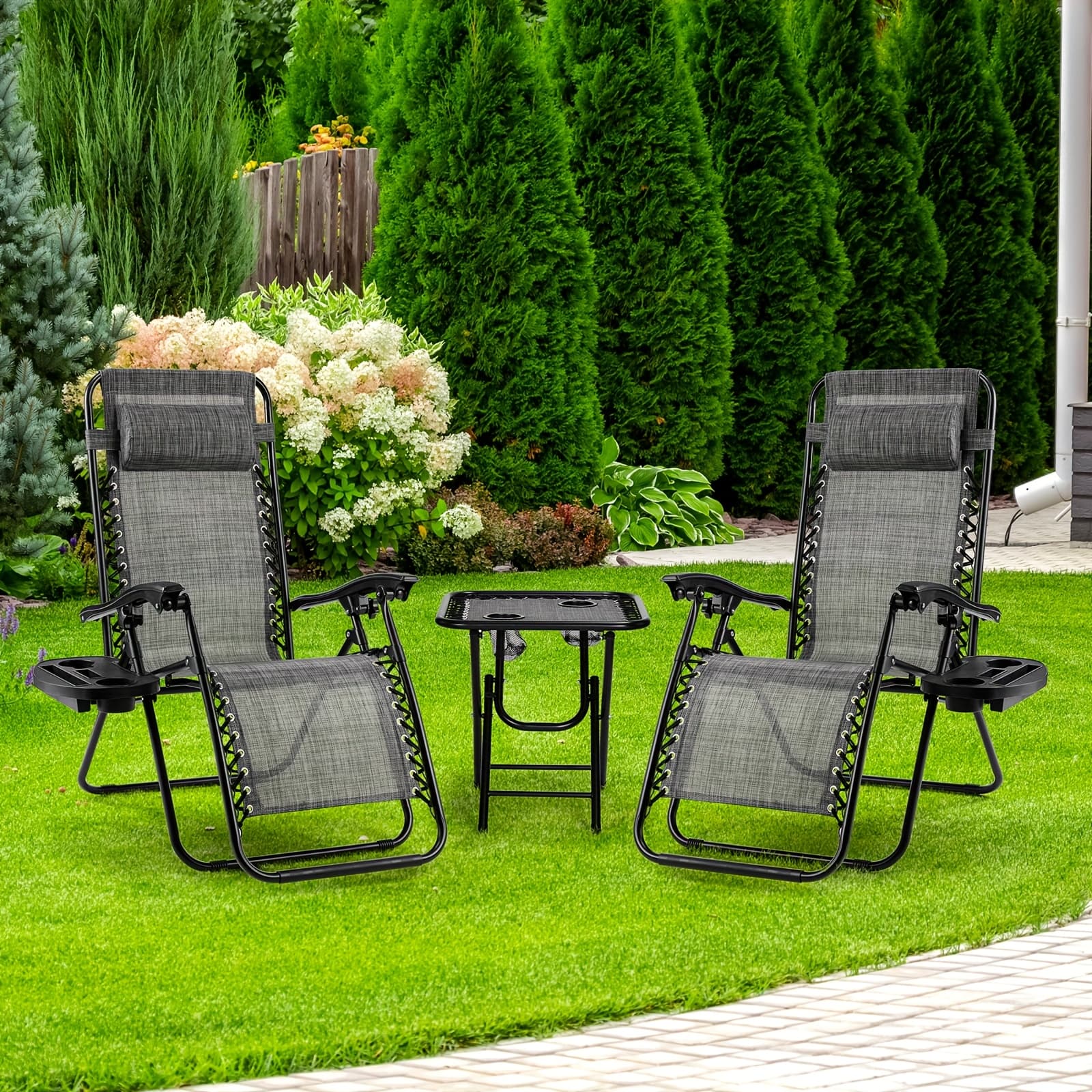 Les 2 chaises de jardin + table idéales : alliez style et fonctionnalité avec porte-gobelet intégré - gris
