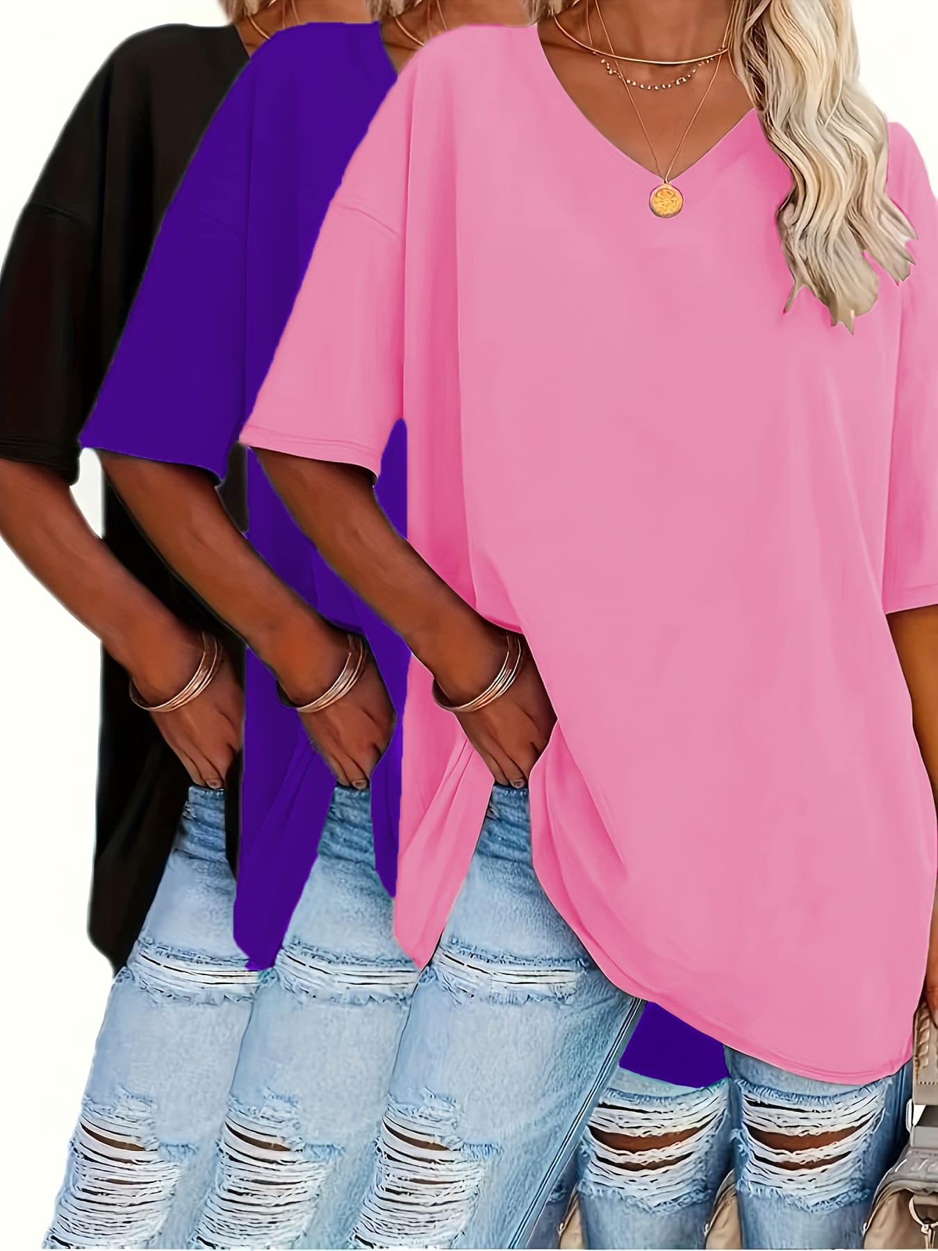 3 T-Shirts Décontractés Indispensables pour Femmes : Style et Confort à Petit Prix - Noir + Violet + Rose , 1XL