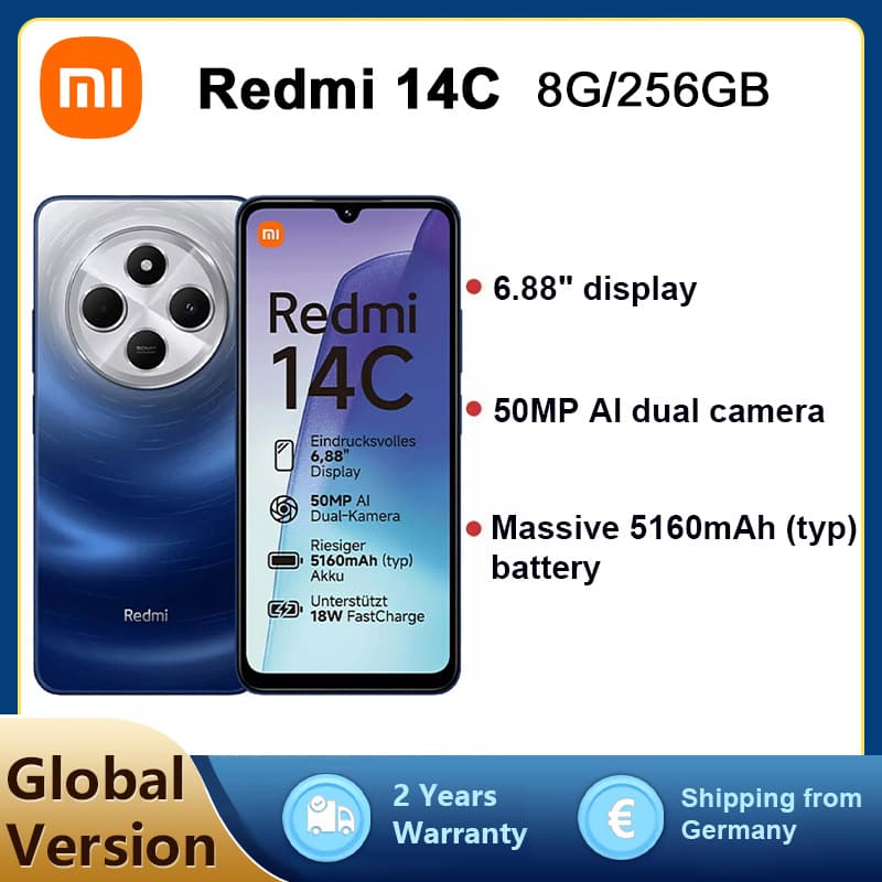 Best 2025 - Xiaomi Redmi 14C NFC Smartphone 8 Go De RAM, 256 Go De ROM, 6,88 Pouces 50MP 120Hz 5160mAh Bleu (sans Chargeur)