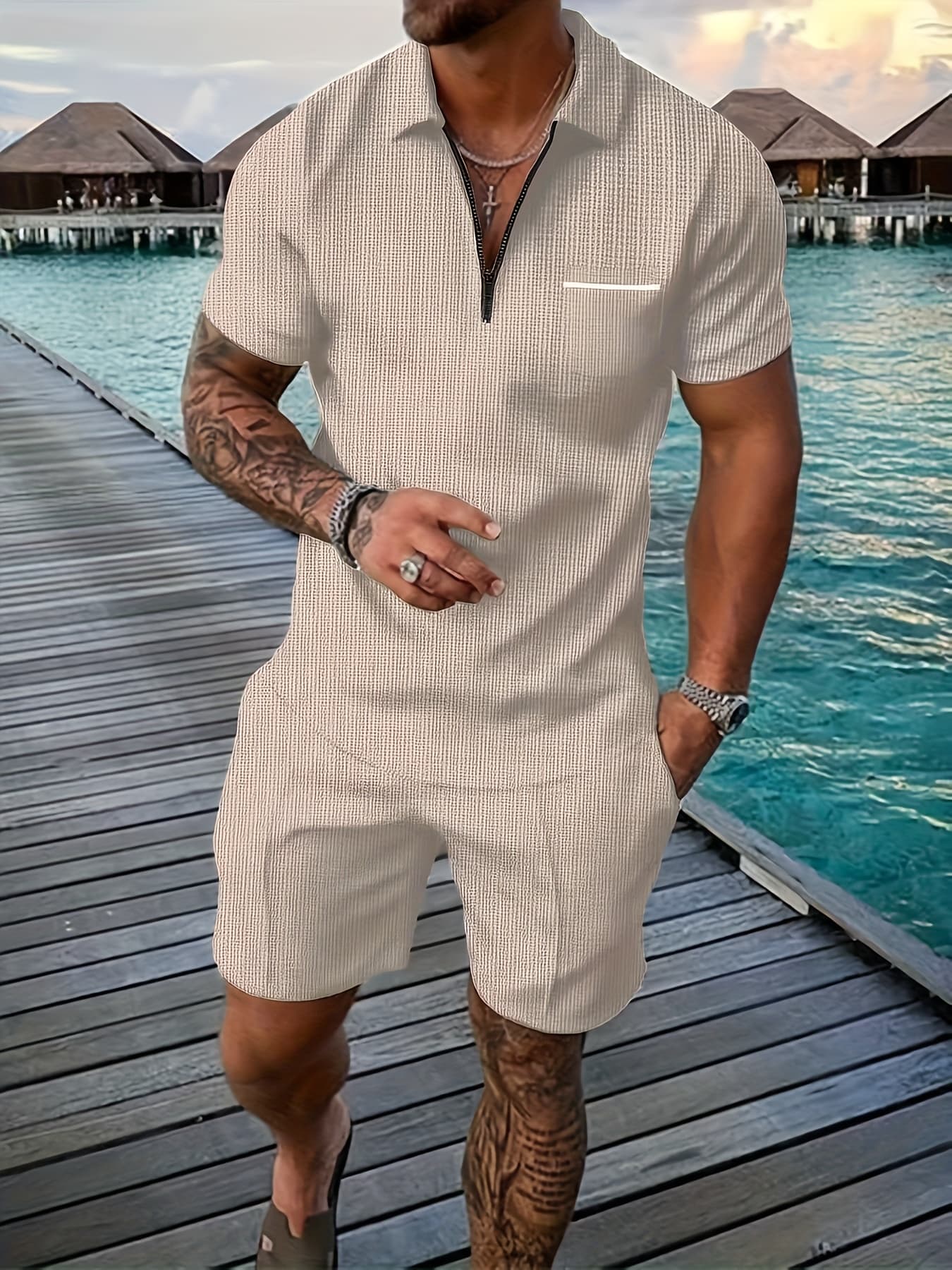 Été en vue ! Transformez votre look avec ce polo et short décontractés irrésistibles - Abricot - XXL