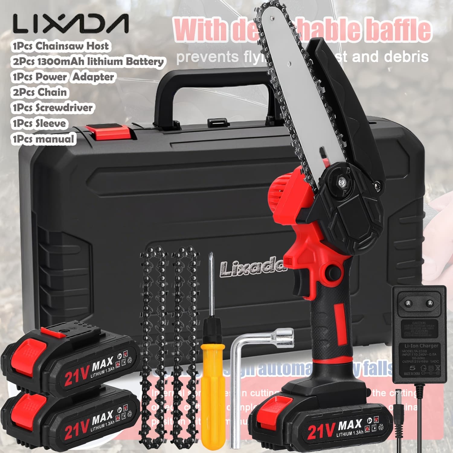 Mini Scie À Chaîne Sans Fil Gecheer 21V – Coupe Facile du Bois & Branches - Rouge+2*batterie+2*chaîne