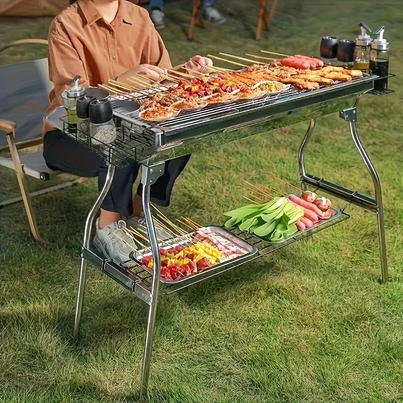 Grand barbecue de luxe pour les rassemblements à domicile et le camping, doté d'un grand gril en acier inoxydable, d'un barbecue portable pliable en c