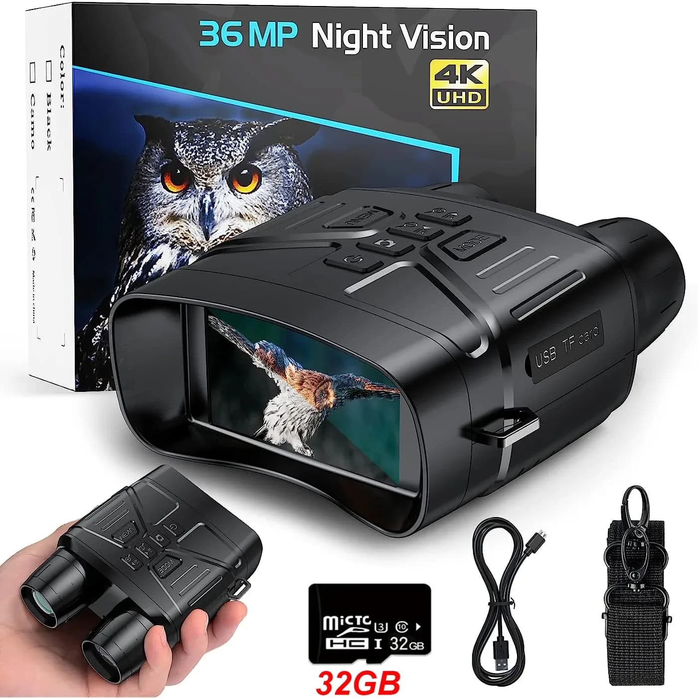 Jumelles Vision Nocturne 4K – Écran HD 3", Batterie 5000mAh, Enregistrement Photo/Vidéo - Black with 32GB