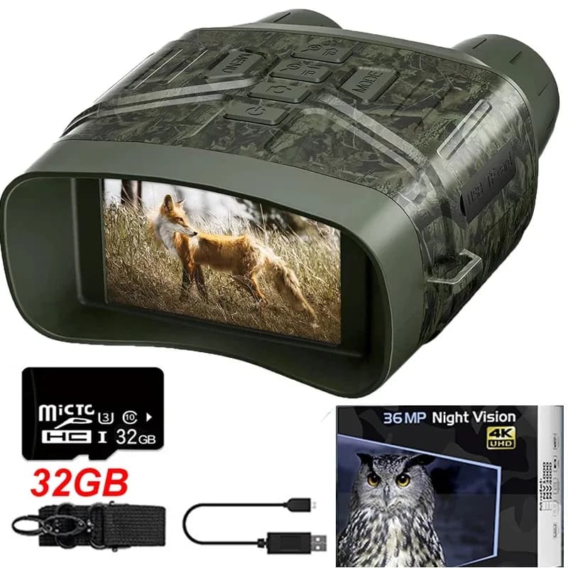 Jumelles Vision Nocturne 4K – Écran HD 3", Batterie 5000mAh, Enregistrement Photo/Vidéo - Camouflage with 32GB