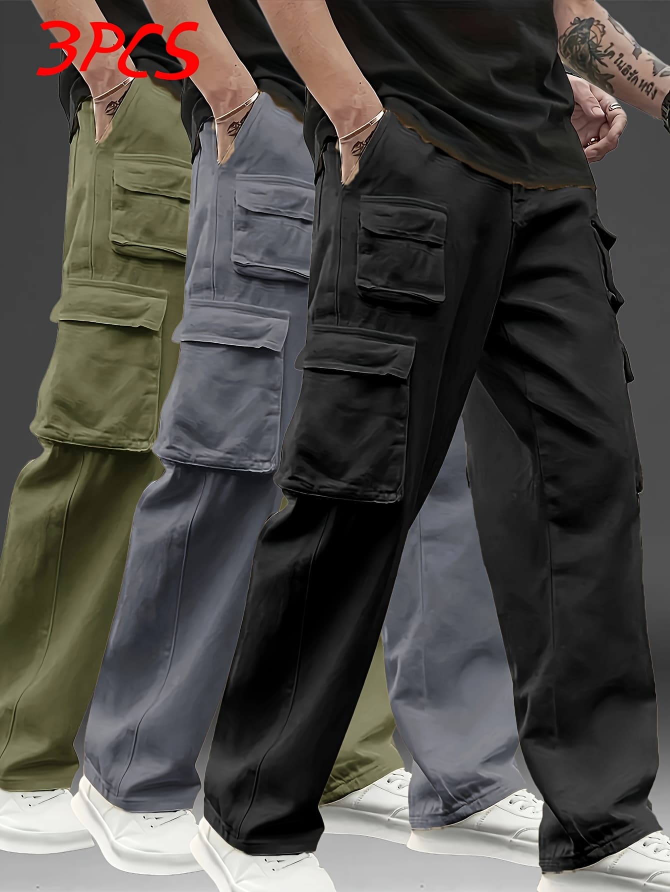 Pack x3 Pantalons Cargo Homme – Style, Fonction & Liberté - Noir + Gris + Vert Armée - XXL