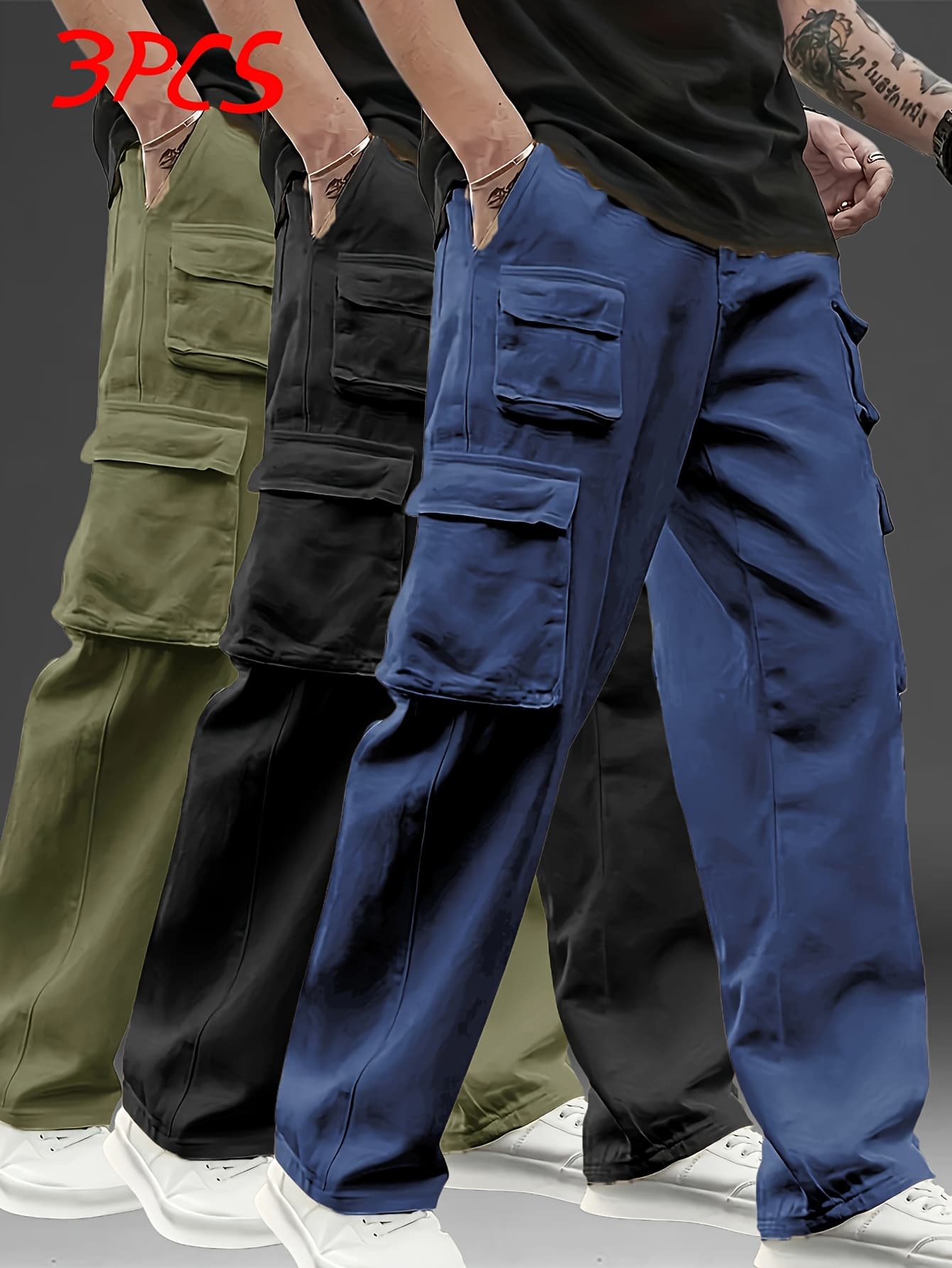 Pack x3 Pantalons Cargo Homme – Style, Fonction & Liberté - Noir + Bleu + Vert Armée - XL
