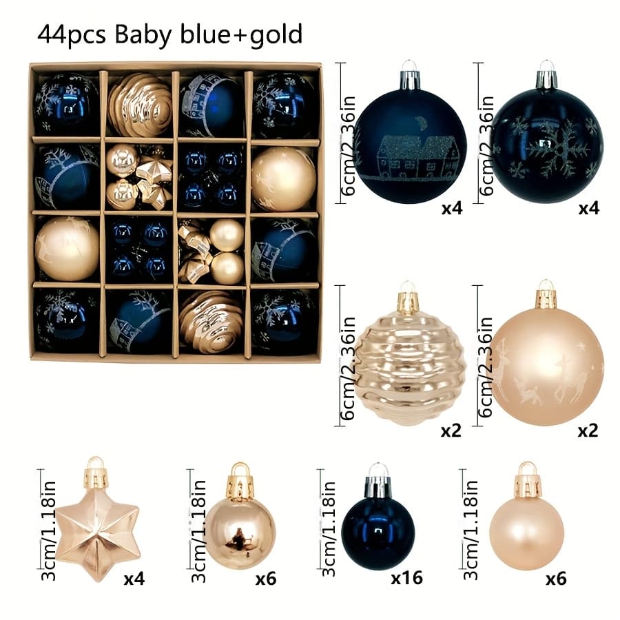 Lot de 44 boules de Noël artisanales – Décoration sapin élégante et festive à petit prix - Bleu Royal+Doré Champagne