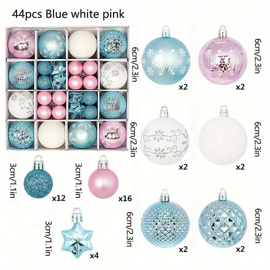 Lot de 44 boules de Noël artisanales – Décoration sapin élégante et festive à petit prix - Bleu + Blanc + Rose