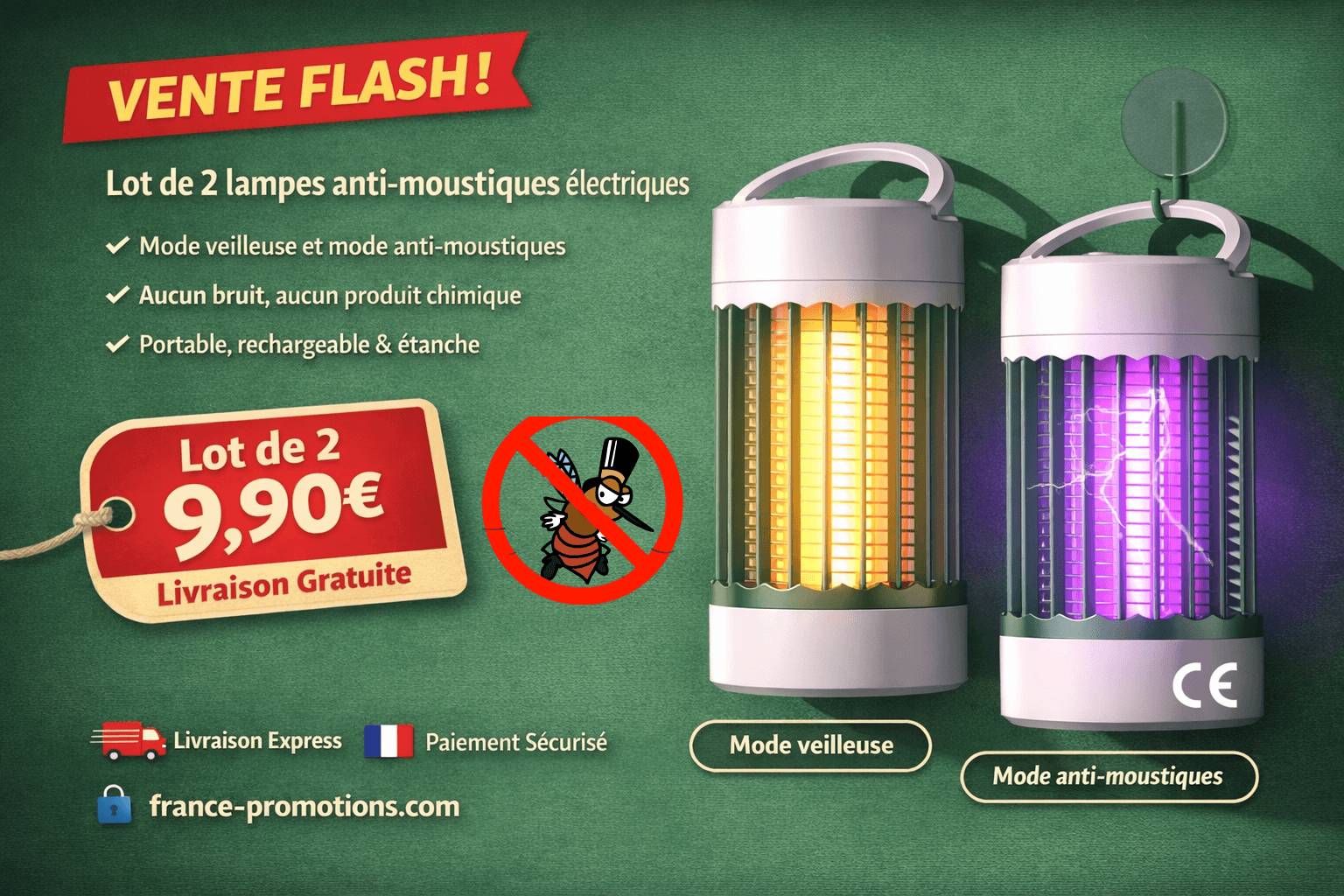 Lot de 2 Lampes AntiâMoustiques Ătanches et Silencieuses
