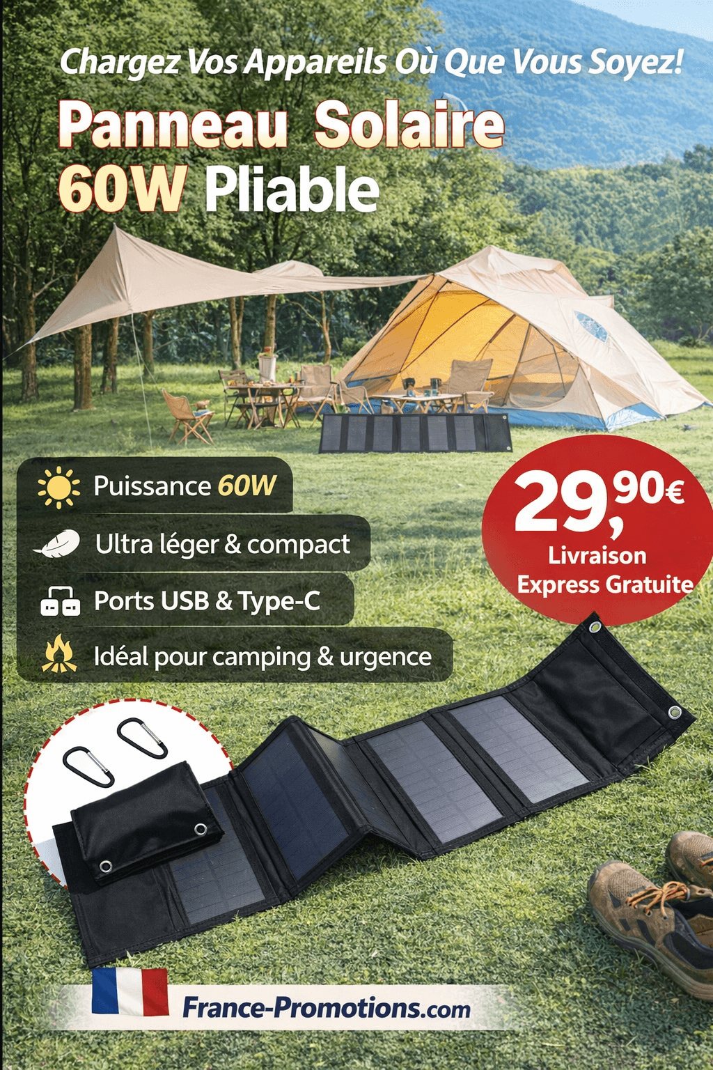 Panneau Solaire Pliable 60W USB – Charge Rapide – Camping et Randonnée - Monocristallin De Silicium , camouflage 60W
