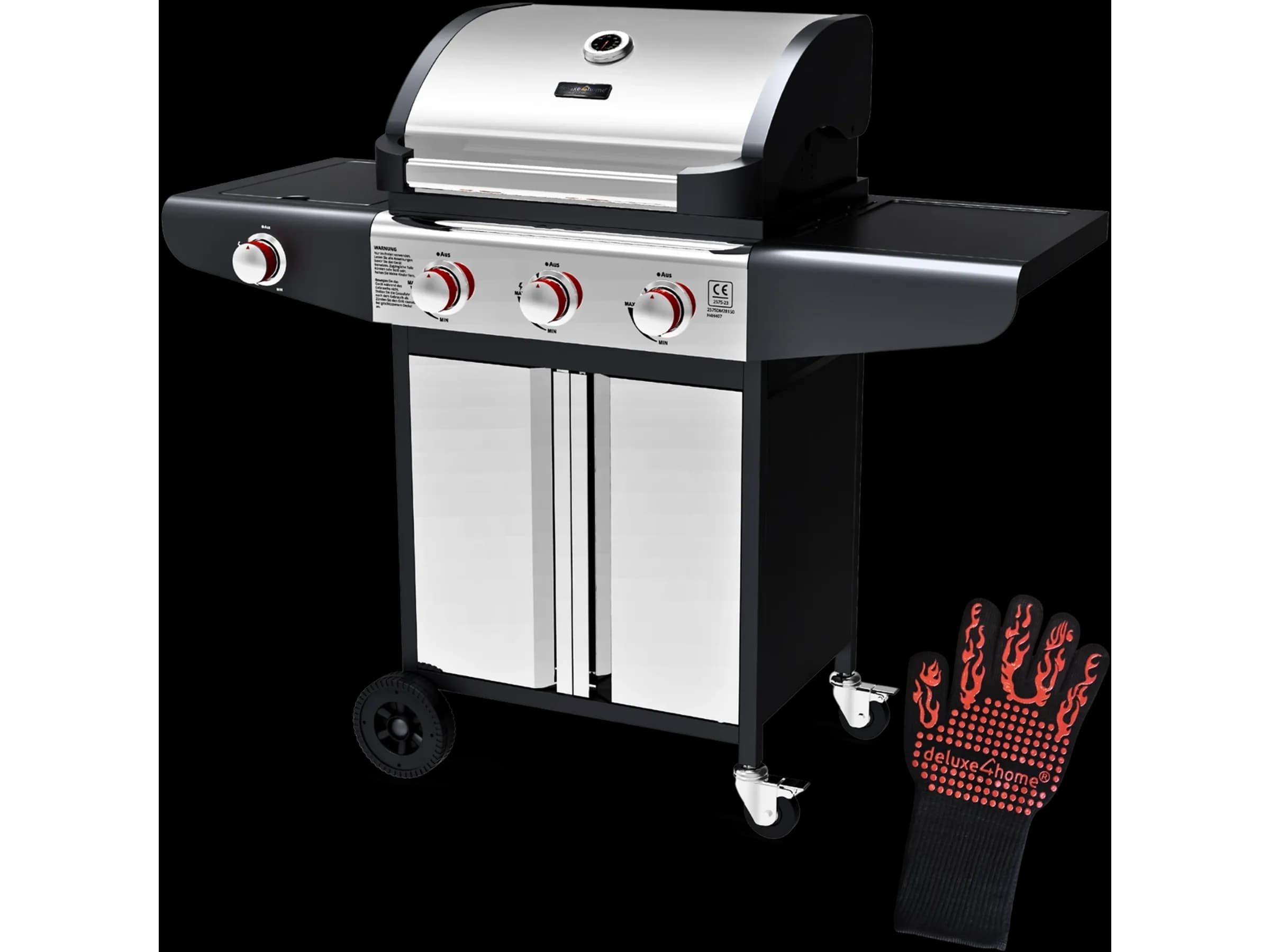 deluxe4home Grillwagen Gasgrill mit Deckel 3 Plus 1 Seitenbrenner Thermometer