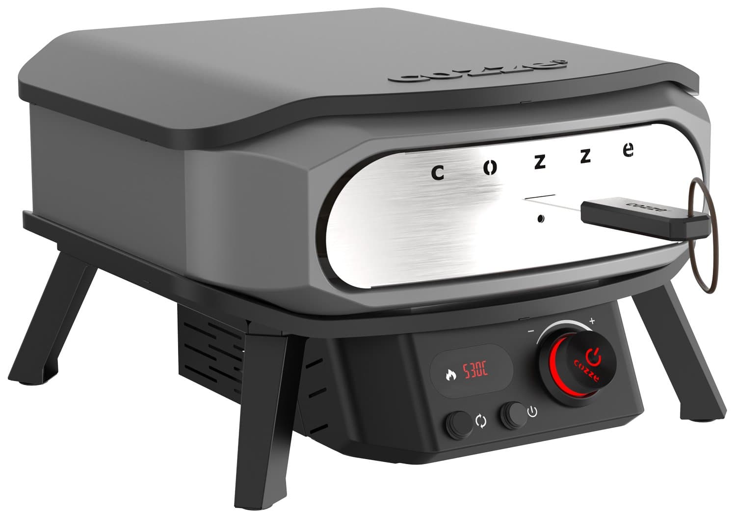 COZZE Pizzaofen elektrisch PREMIUM 34 cm 13" mit drehbarem Pizzastein & Digital-Thermometer - inkl. Hitzeschild