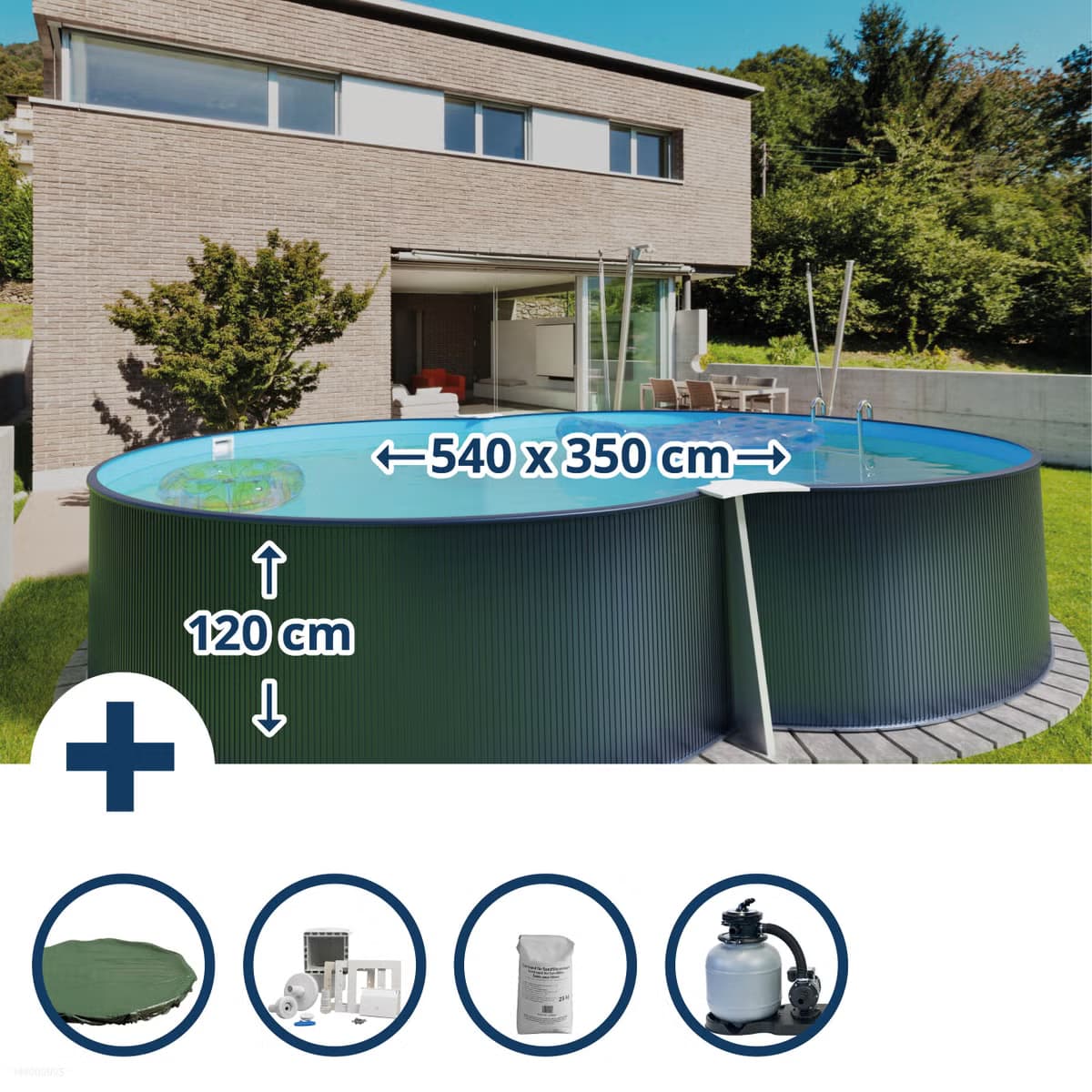 Aufstellpool Planet Pool Stahlwandpool Set achtform 540x350x120cm, Stahl 0,4mm anthrazit, Fol. 0,4mm blau
