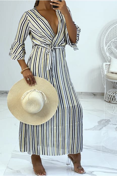 Robe longue à rayures jaunes et manches 3/4 à volants style vintage