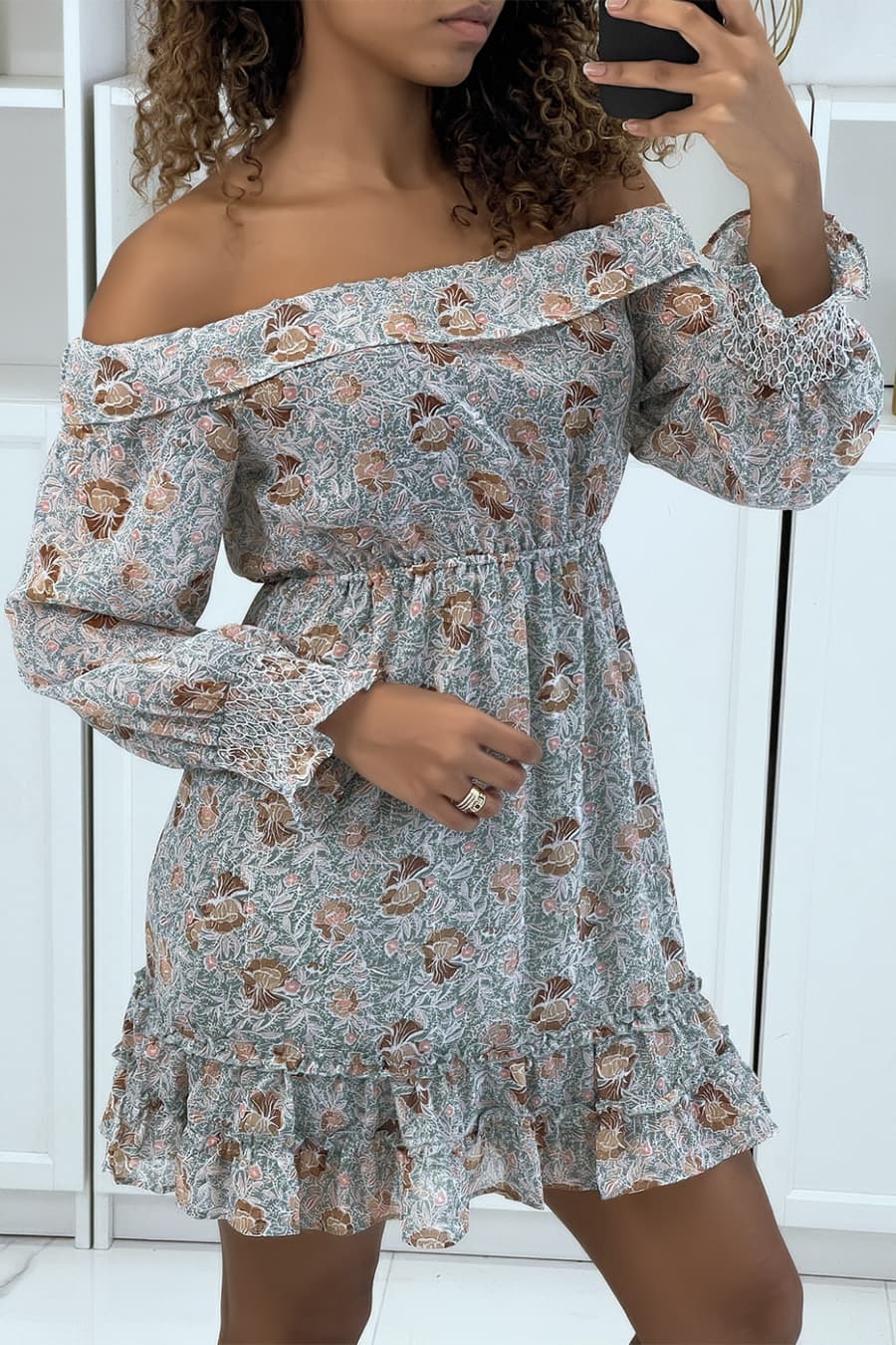 Robe patineuse fleurie verte à manches tombantes