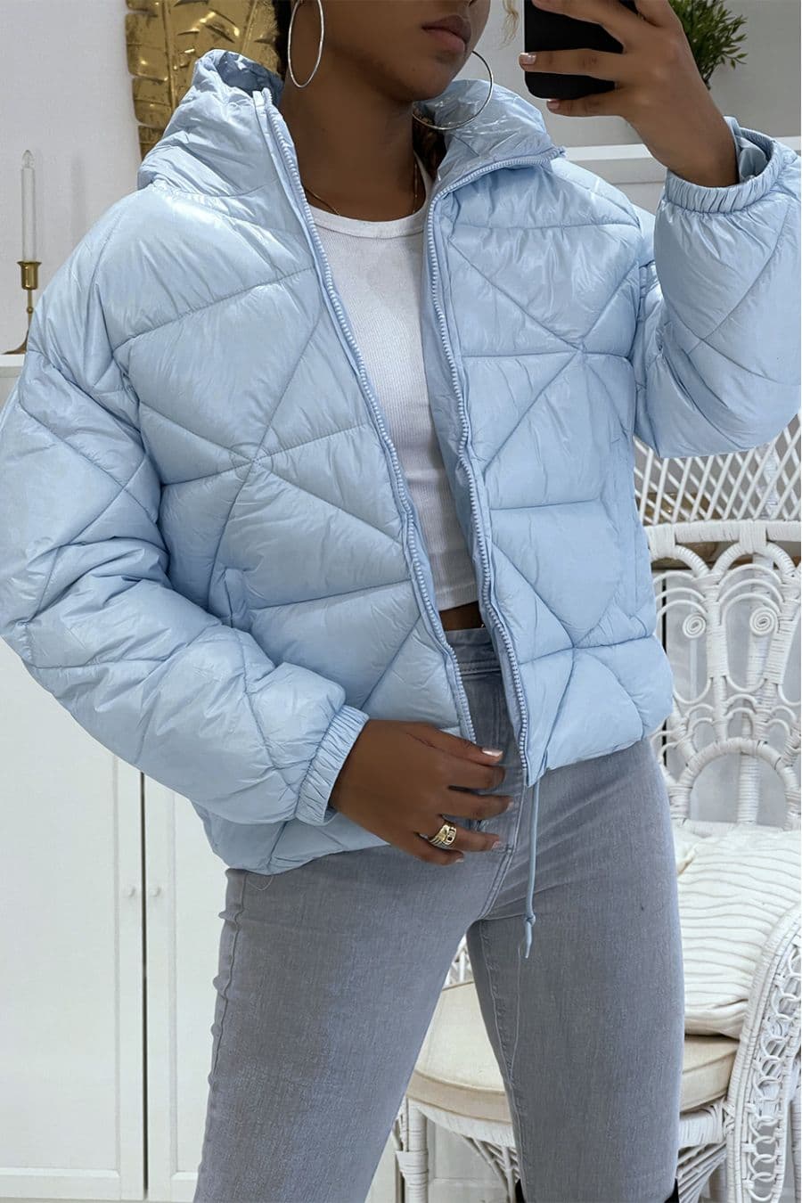 Doudoune turquoise à capuche en relief triangulaire légère et chaleureuse indispensable de l'hiver