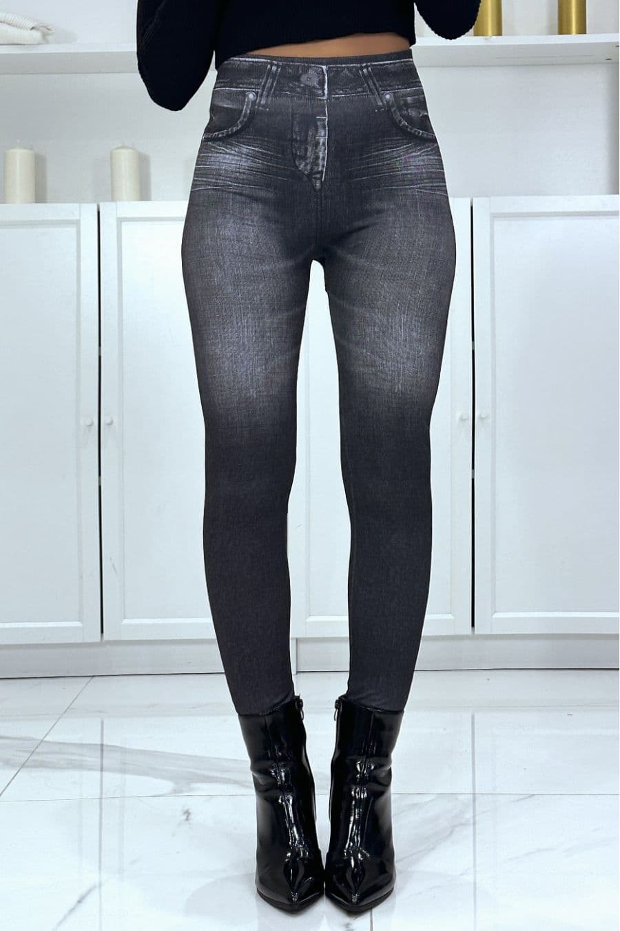 Legging noir taille haute et molletonné motif jean délavé