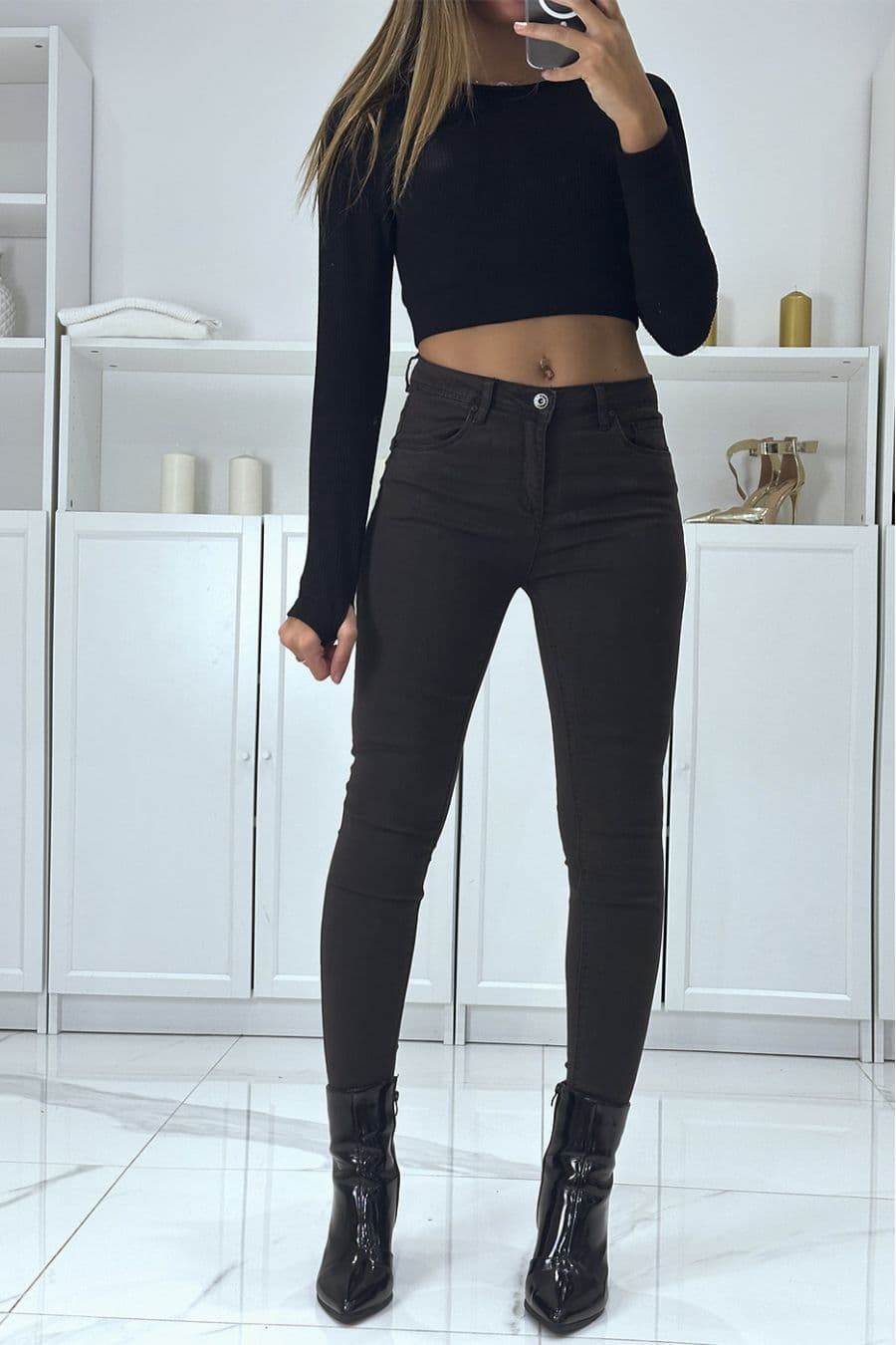 Jean slim marron extensible à fermeture zip