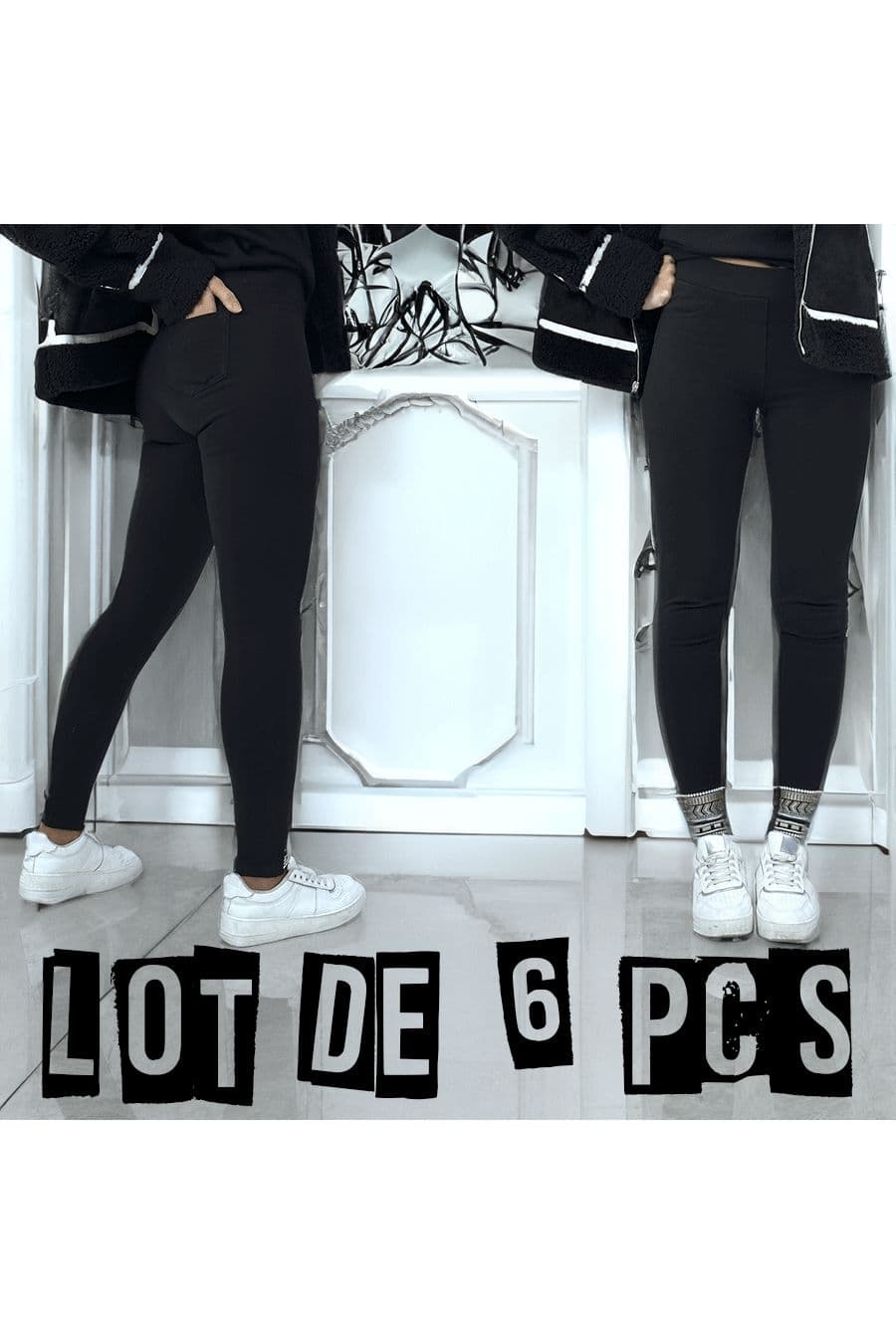 Lot de 6 Pantalons slim noir à fausses poches et motif aztèque aux pieds