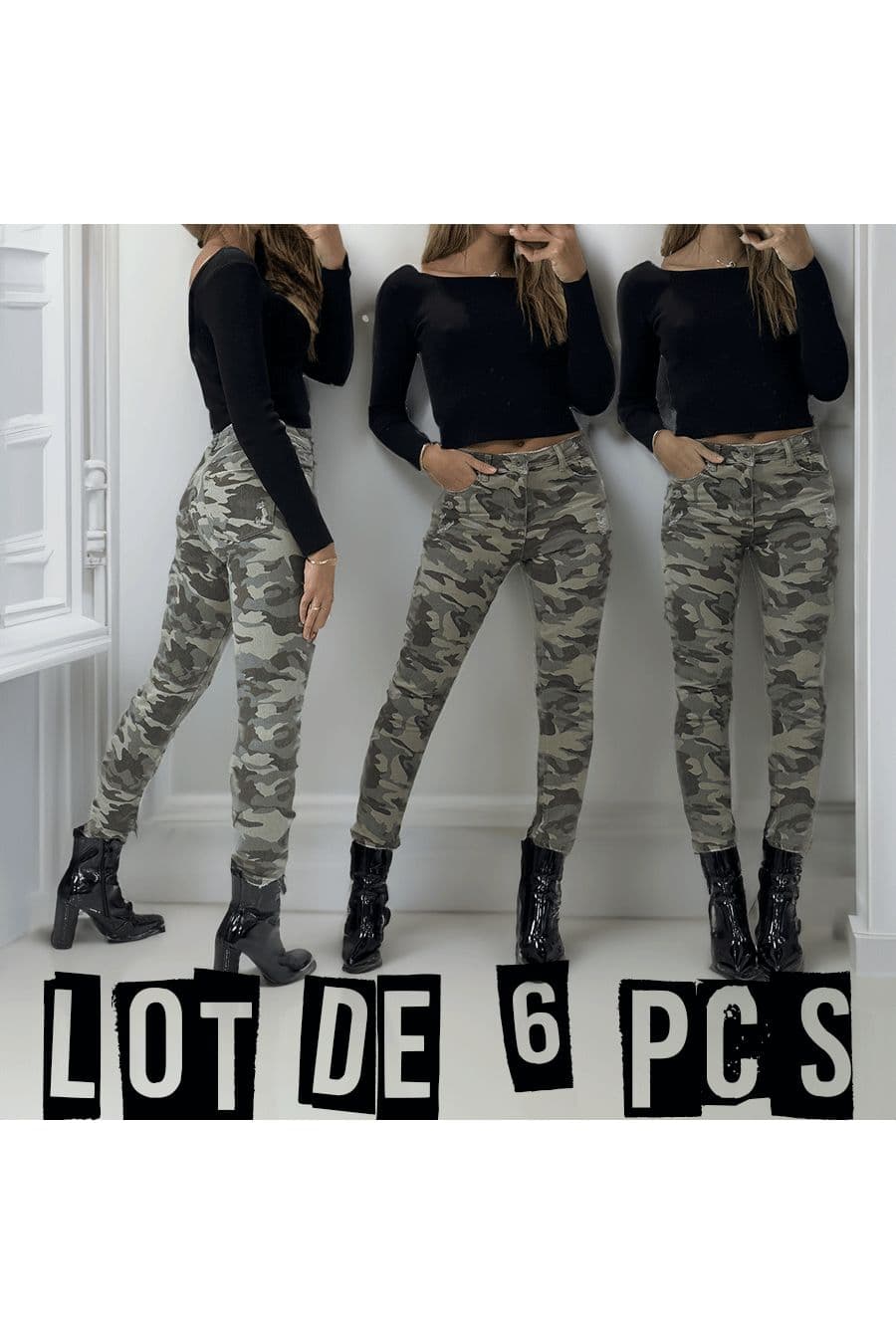 Lot de 6 Jeans slim militaire style destroy à poches
