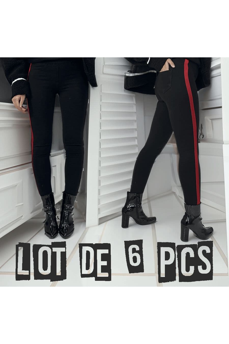 Lot de 6 Pantalons slim noir à fausses poches et bandes sur les côtés