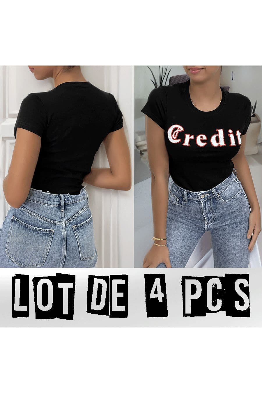 Lot de 4 T-shirts noir avec écriture CREDIT en 3D