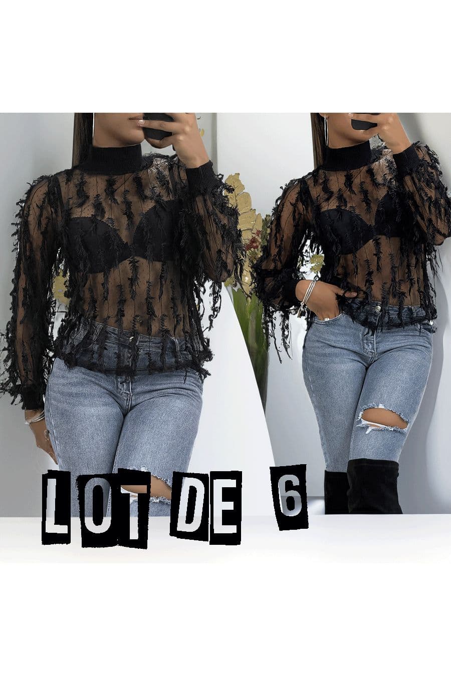 Lot de 6 Hauts noir en résille brodé avec col roulé et manches côtelés