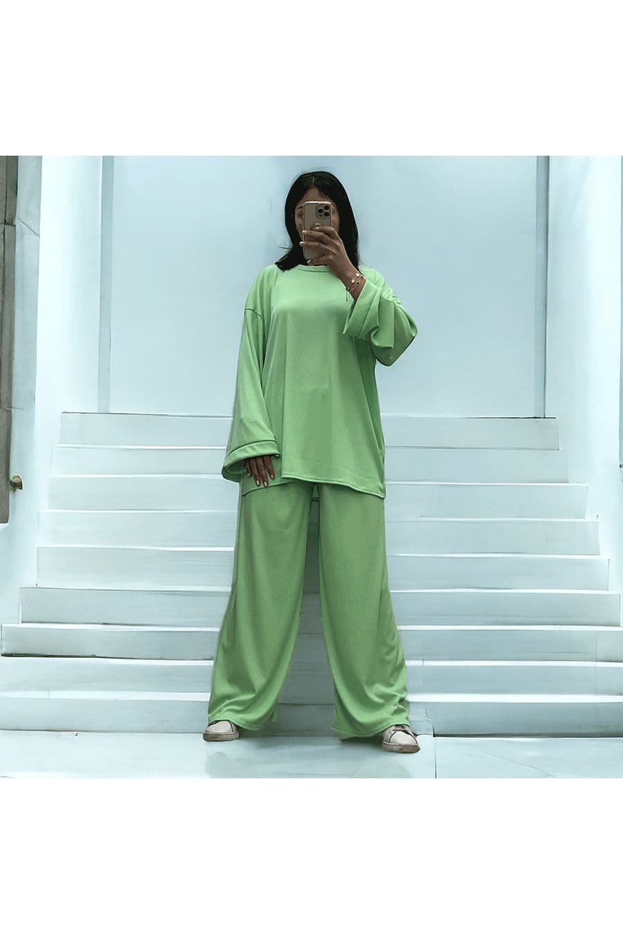 Ensemble tunique et pantalon léger vert d'eau en maille côtelé extensible printemps été