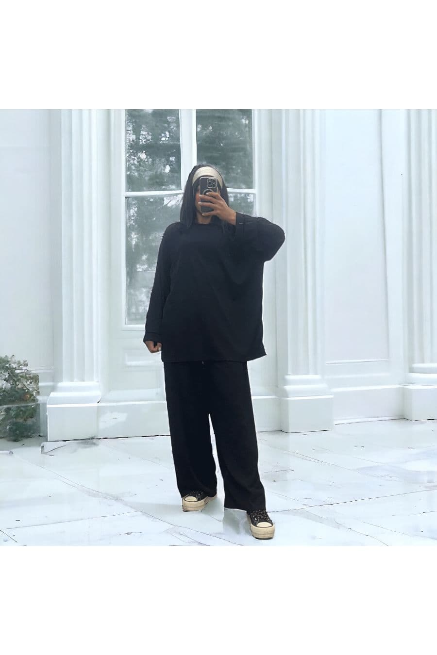 Ensemble tunique et pantalon léger noir en maille côtelé extensible printemps été