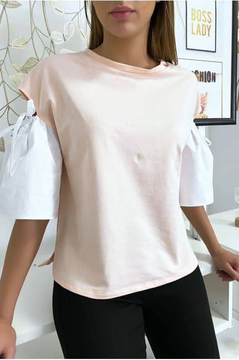 Haut rose bi-matière avec manche bouffante dénudé