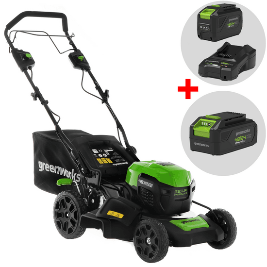 Greenworks GD48LM46SP – Tondeuse à gazon autotractée à batterie 48V/4Ah + une batterie 48V 2Ah offerte – Coupe 46 cm
