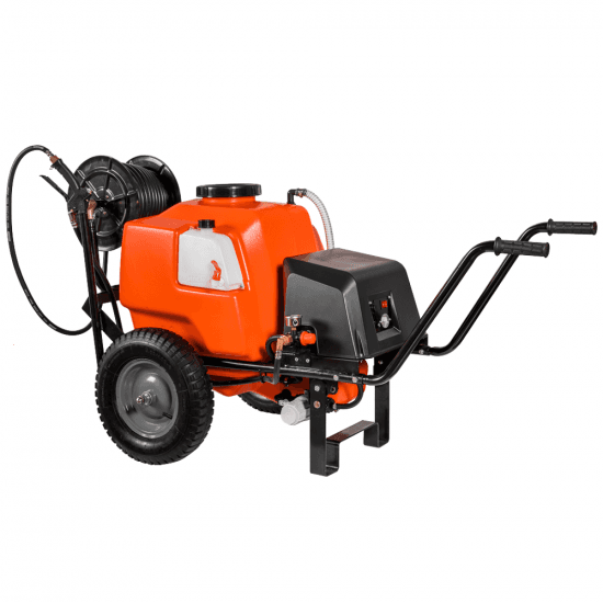Pompe de pulvérisation à batterie Stocker 12V de 80 l art. 303 – Pompe de pulvérisation électrique sur chariot avec barre de pulvérisation et crochet