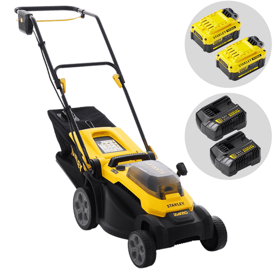 Stanley SCMWP3701M2-QW – Tondeuse à gazon à batterie – 36 V – 2 x 18 V 4,0 Ah – Largeur de coupe 37 cm