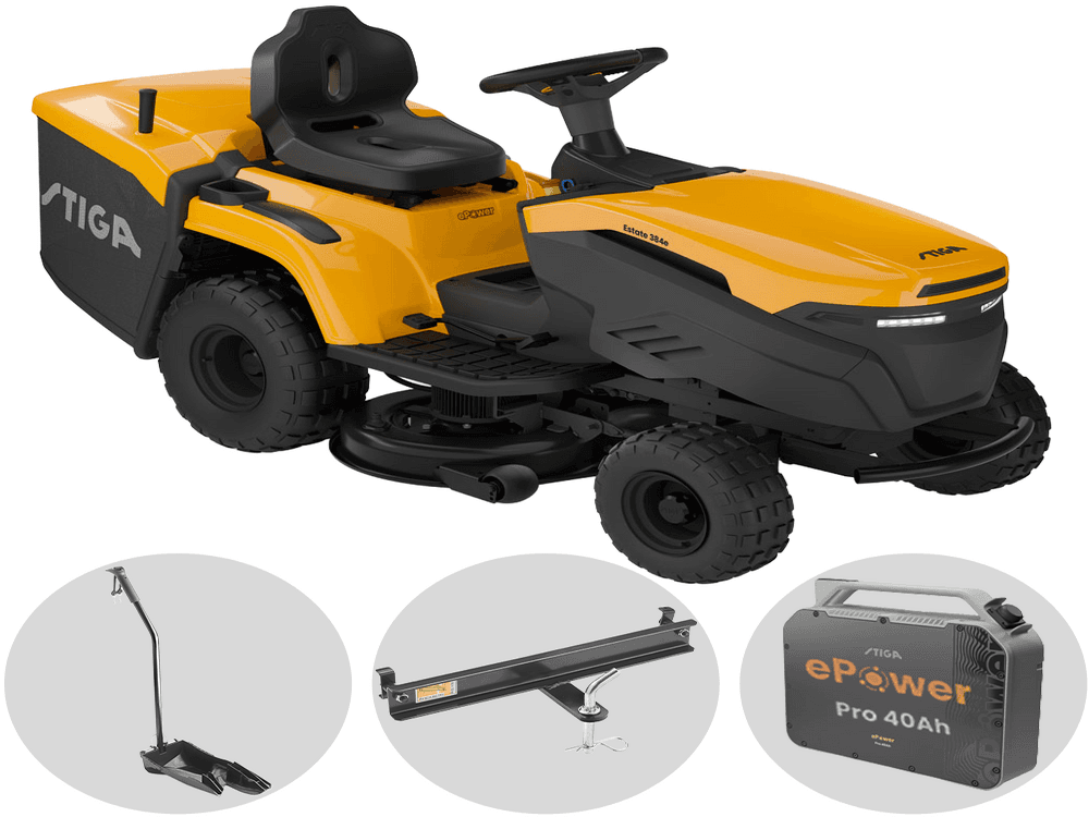 Stiga Estate 384e – Kit Tracteur tondeuse avec 1 module de batterie ePower Pro de 56V/40Ah – Bac de ramassage et mulching
