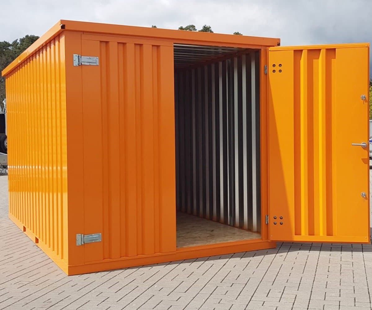 Materialcontainer MC4, lackiert RAL 2011 Tieforange, H 2090 x B 2142 x T 3882 mm, TĂĽr stirnseitig zweiflĂĽgelig