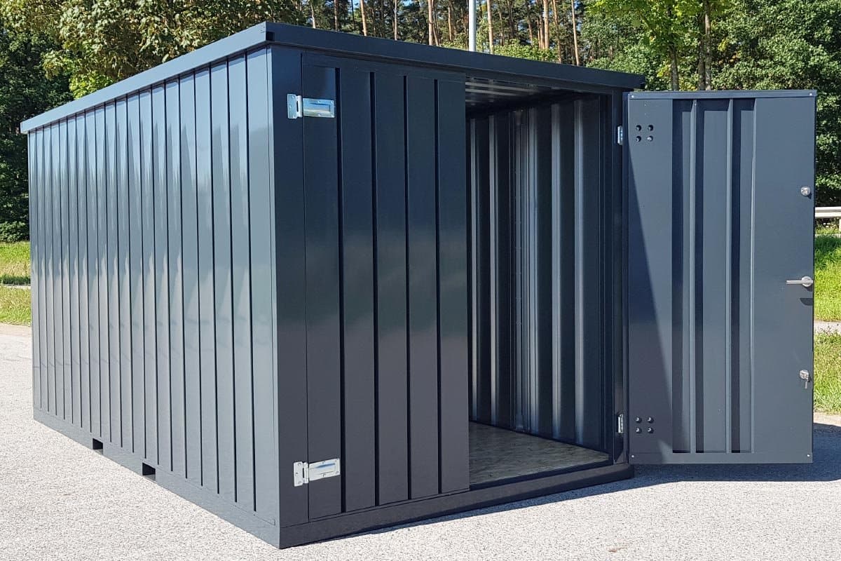 Materialcontainer MC4, lackiert RAL 7016 Anthrazitgrau, H 2090 x B 2142 x T 3882 mm, TĂĽr stirnseitig zweiflĂĽgelig
