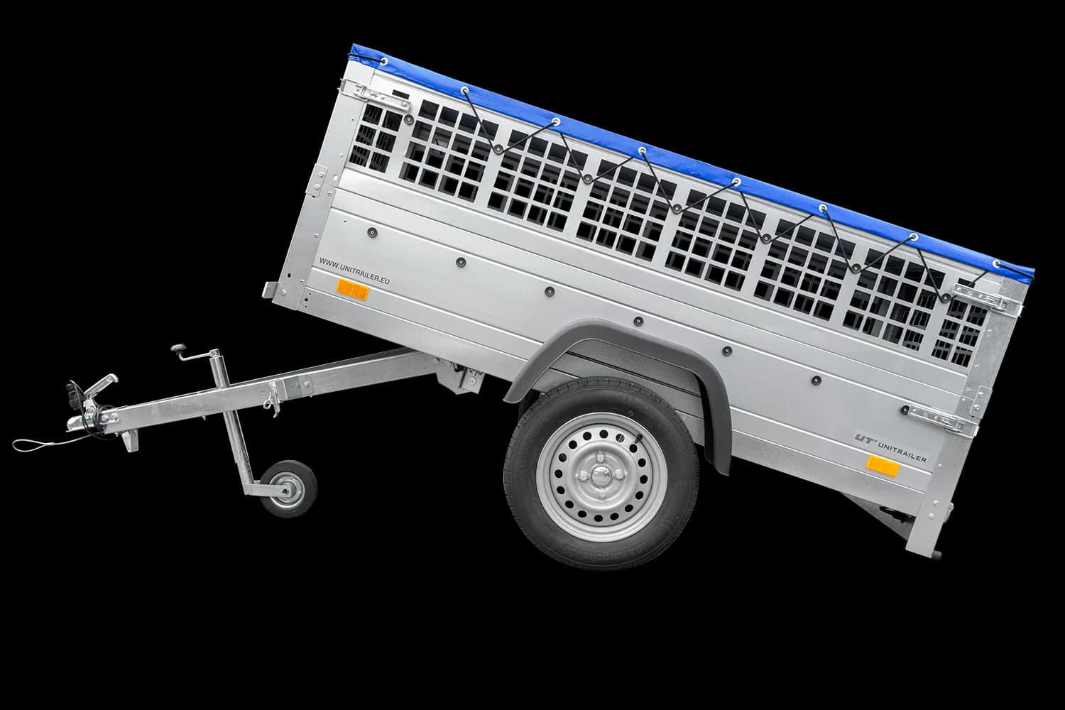 Remorque grillagée 200×106 avec bâche plate bleue, ridelles grillagées et roue jockey – Garden Trailer 200 KIPP