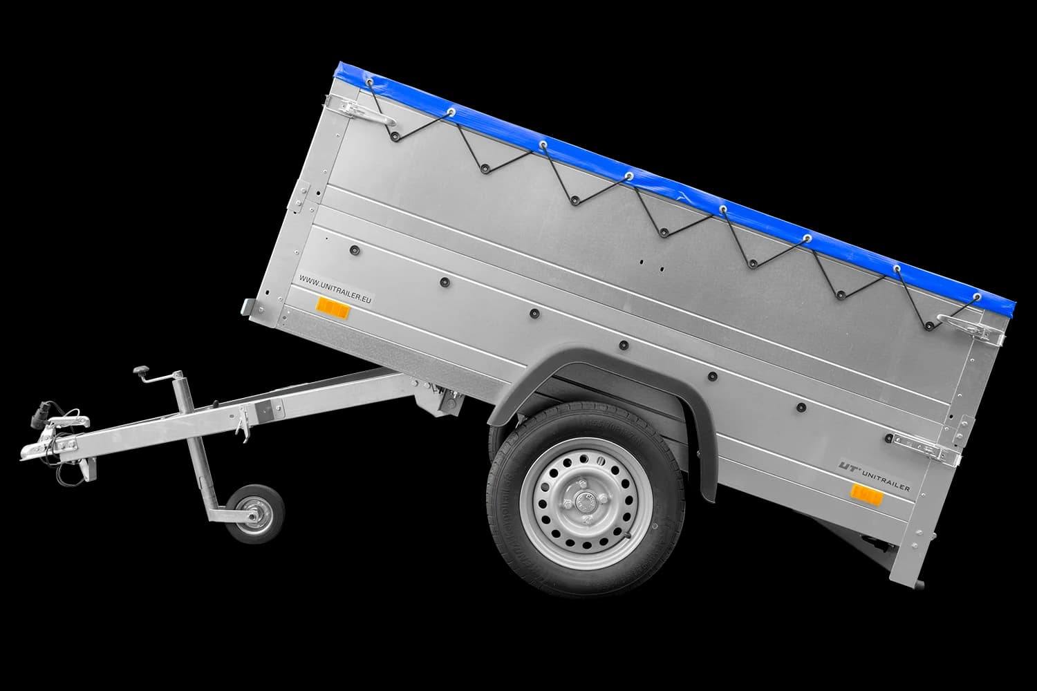 Cliquez pour agrandir Remorque neuve 200×106 avec bâche plate, rehausses de ridelles et roue jockey – Garden Trailer 200 KIPP