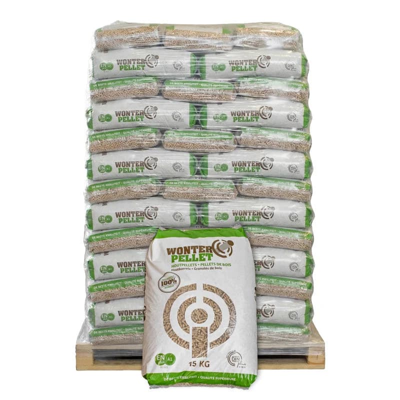ENplus A1 houtpellets — pallet 975 kg (65 × 15 kg)