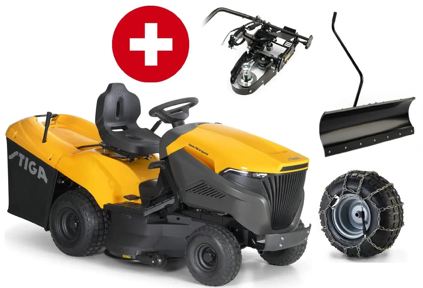 Rasentraktor Stiga Estate 798 W Special Honda Winterpaket mit 120 cm Schneeschild, PTO-Kit und Schneeketten