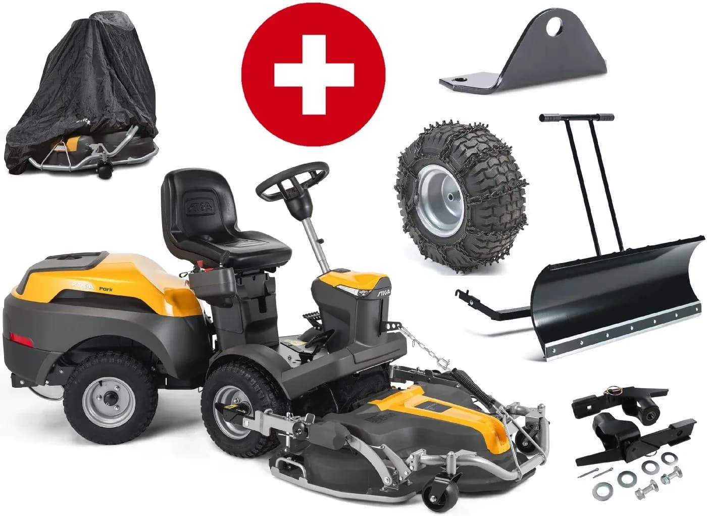 FrontmÀher Stiga Park 500 WX mit MÀhdeck Combi Pro 110 Q Plus Winterpaket mit 120 cm Schneeschild und Schneeketten