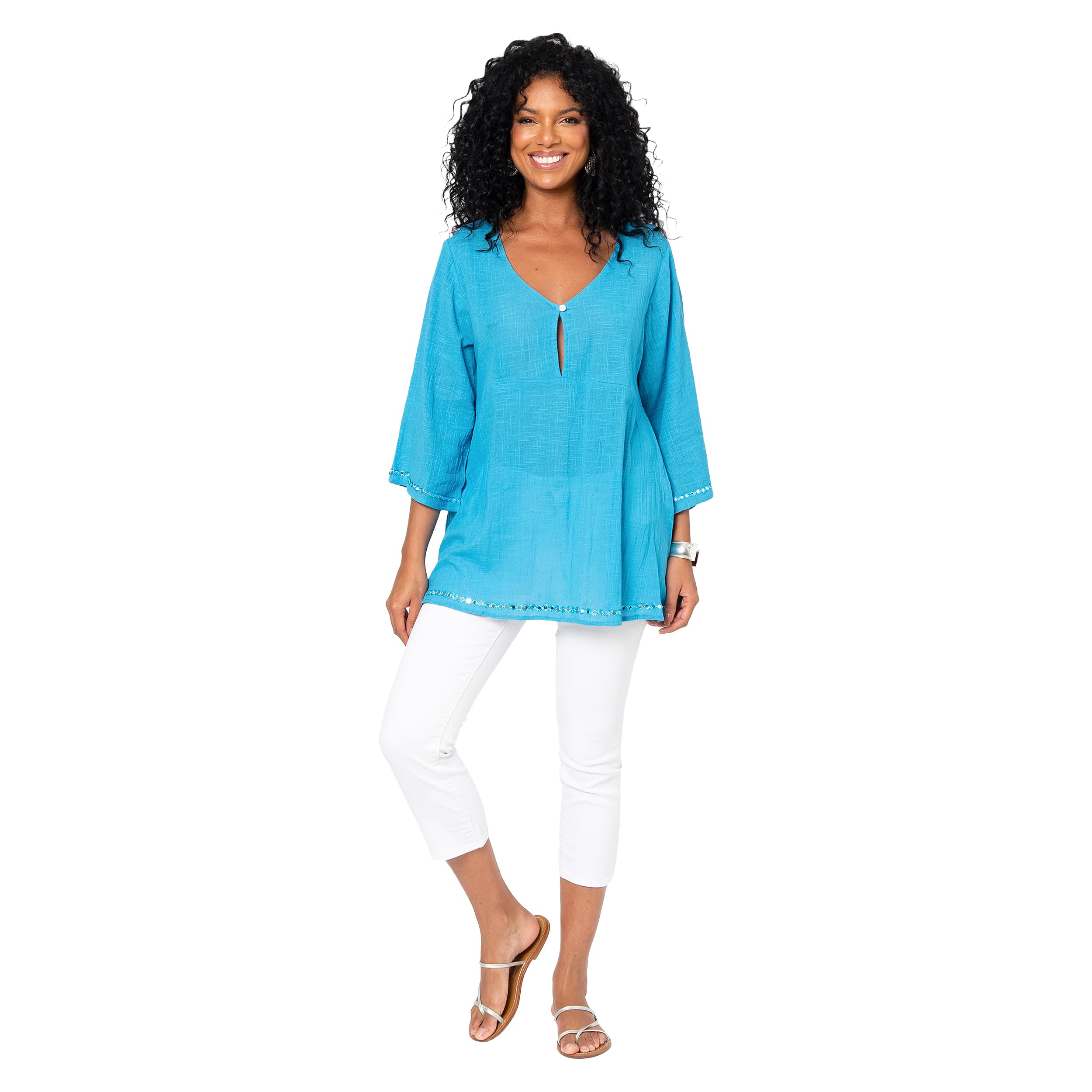 Top été long manches 3/4 Jacklyn - 100% coton - bleu - Akoustik Online