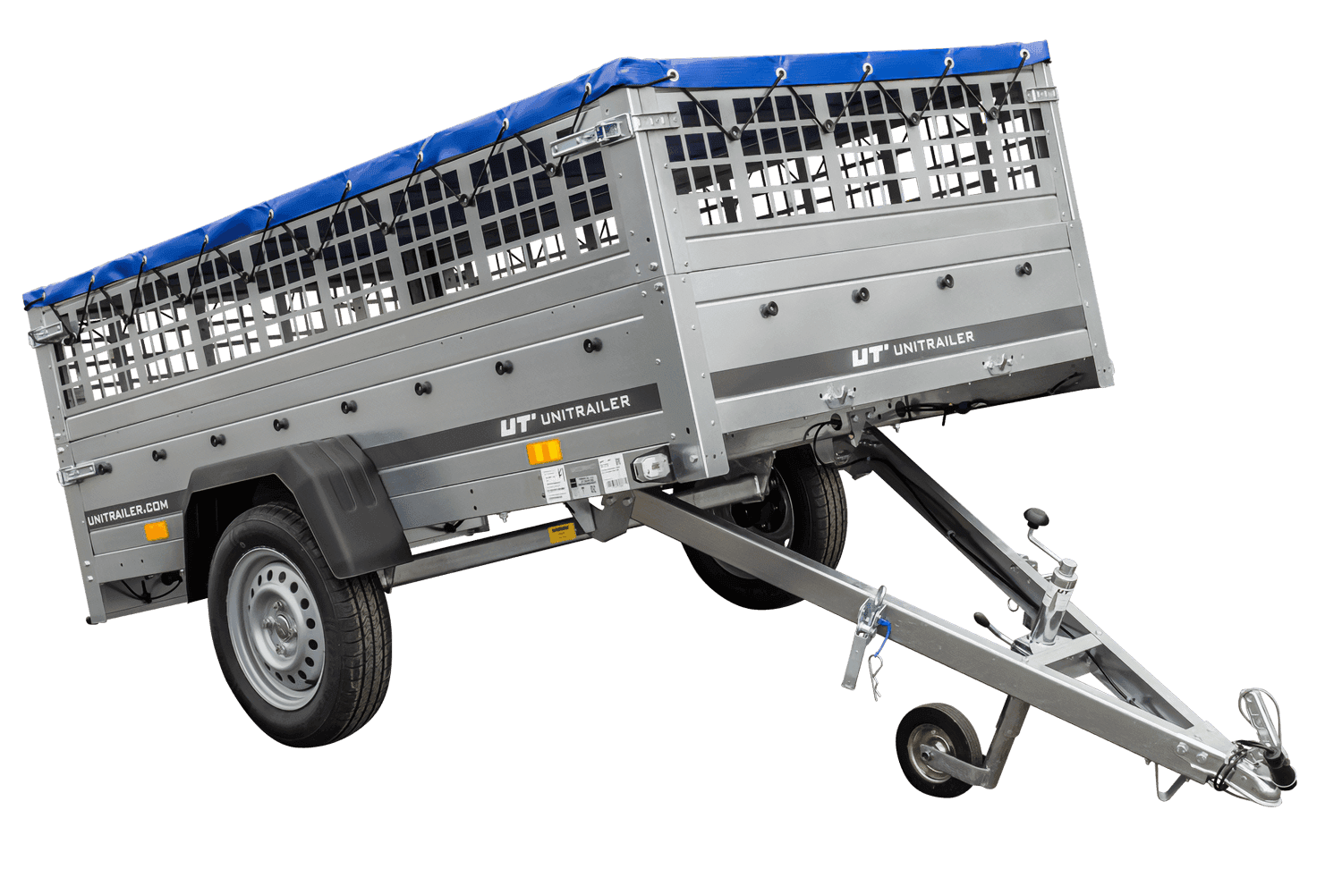 RIMORCHIO DA GIARDINO 230 KIPP CON RUOTA DI SOSTEGNO, SPONDE IN RETE E TELAIO PIATTO BLU