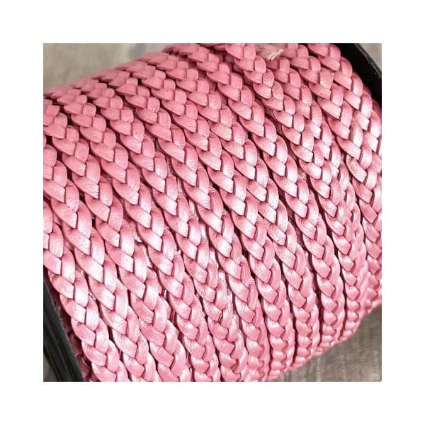Cuir plat 5mm tresse rose metallise tannage vegetal
